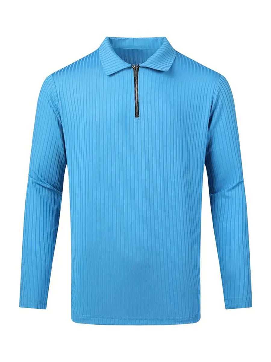 New Trend Fashion Simple High-end Solid Color Business Office Casual Striped Lapel Long Sleeve Mens POLO ShirtX240912