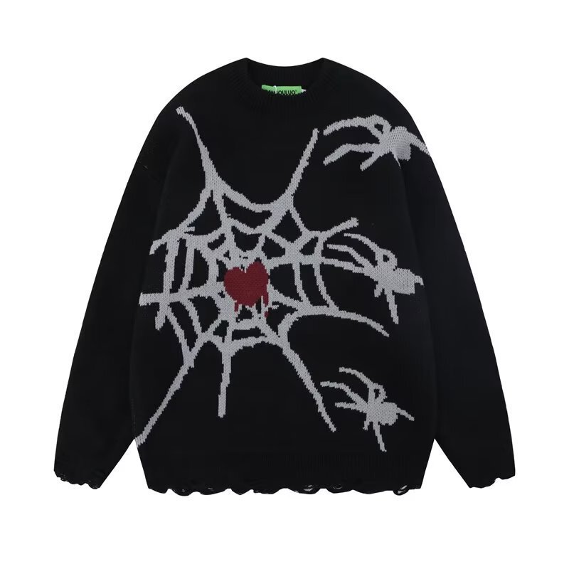 Halloween Men Sweaters Trendy Brand Dark Spider Jacquard Ragged Thread Clothes Mens Winter High Street Long Sleeve Knitted Sweater Casual Mens crew ne