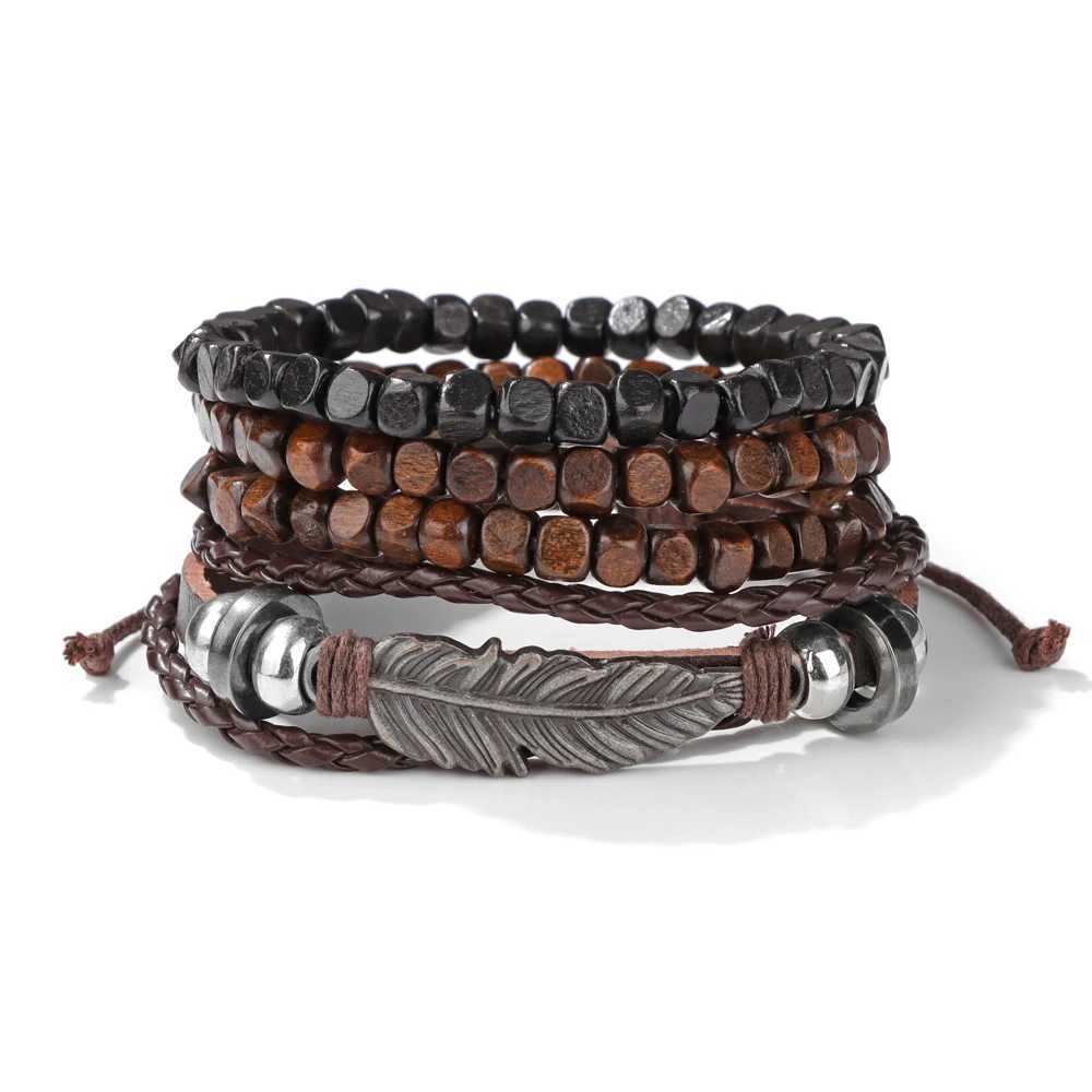 Men Multilayer Wooden Bead Bracelet Handmade Vintage Brown Leather Rope Bracelet 2024 New Ethnic Wristbands Bangle Jewelry GiftX240912