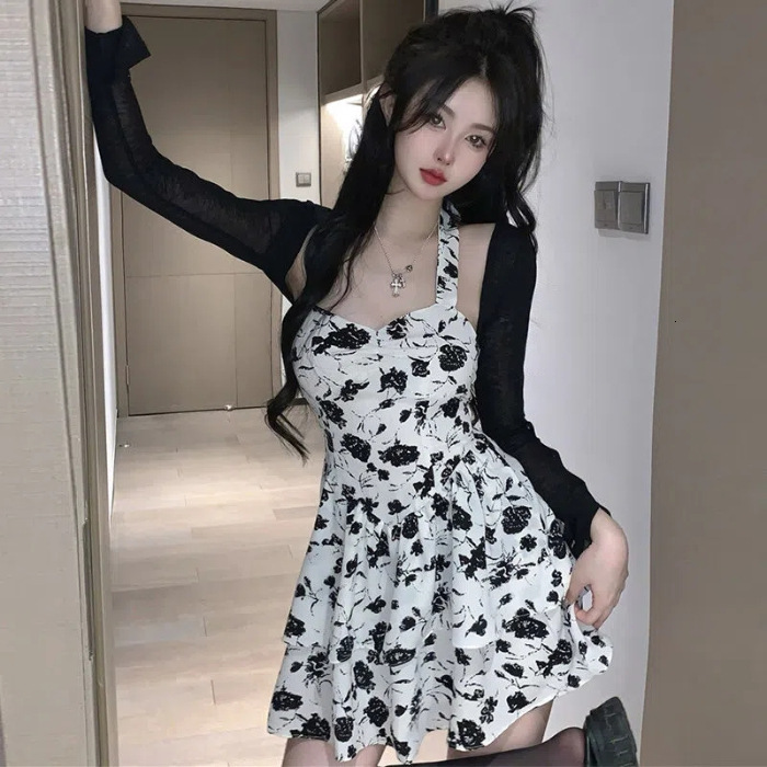 designer dresses large french lace patchwork floral camisole dress summer fat waist tea break fluffy skirt sun protection shirt set for women birthday