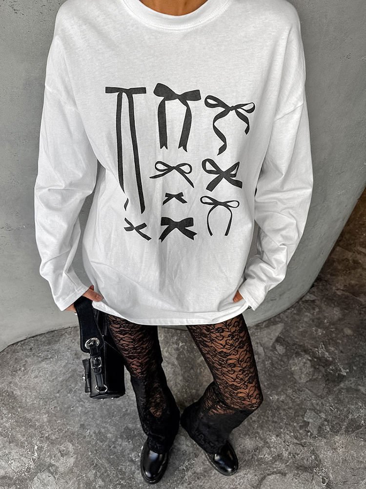 Round Neck Loose Pullover Bow Graffiti Print Casual T-shirt 2024 European And American Autumn And Winter Fashion New Style Inner Wear For Women Clothi