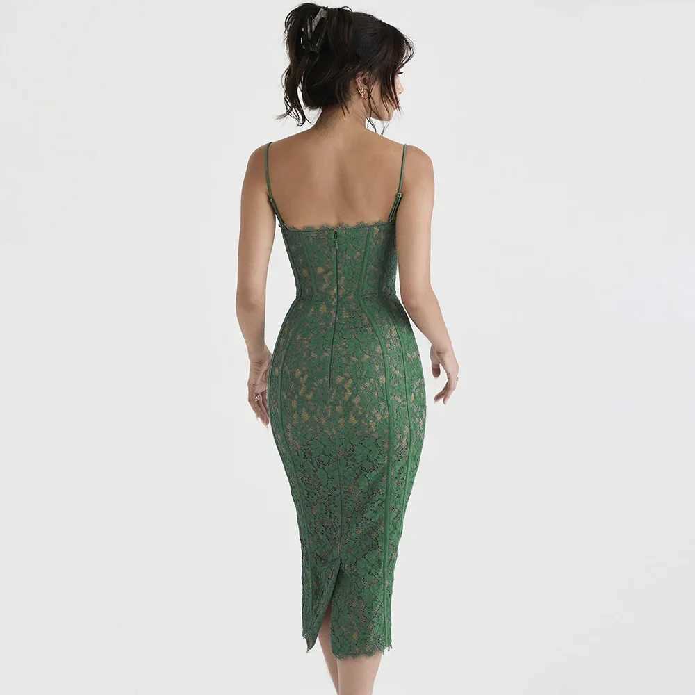 Summer Long Elegant Formal Occasion Dress Green Spaghetti Strap V Neck Lace Dress Vintage Birthday Party Dresses 2023X240912