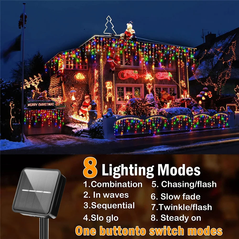 2024 Christmas Decorations Lights Solar Icicle Curtain 8 Modes Outdoor Waterproof Garden Party Year Decoration 240910