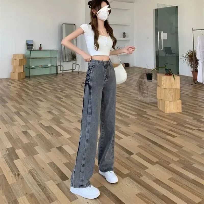 Design niche lace jeans for women in spring and summer 2024 featuring loose waist straight high street and popular wide leg pants W24091165476