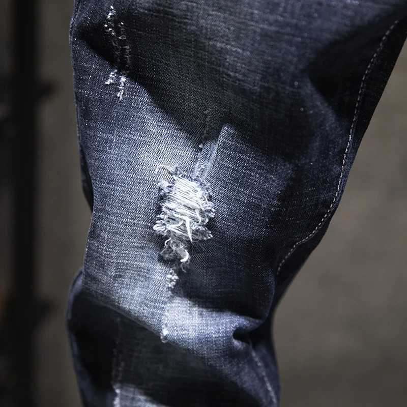 2024 new open top jeans mens slim fit denim pants cotton Korean fashion elastic version blue black mens clothing W250319