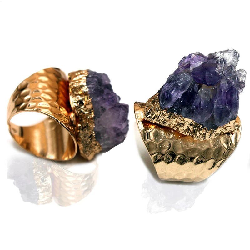 Irregular Rough Stone Ring for Women Purple Crystal Cluster Gemstones Jewelry Open Finger 240906