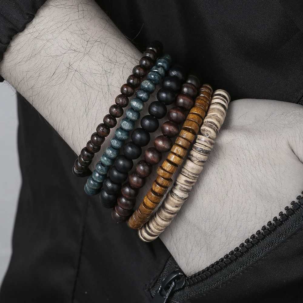 Best-selling Multi-layer Buddha Wood Bead Bracelets Sets Mens Retro Style Multi-layer Elastic Thread Adjustable Wooden BraceletX240912