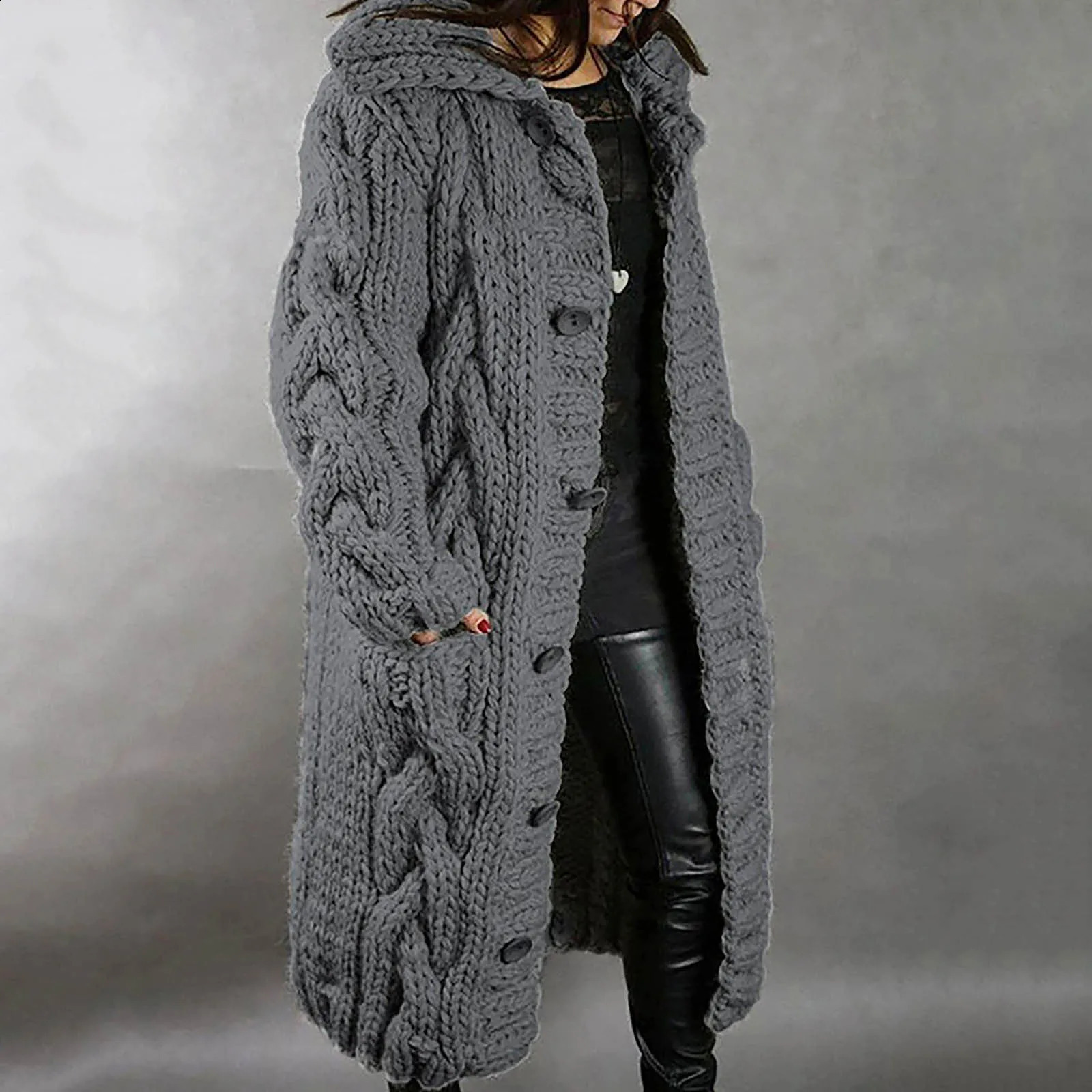 Womens knitted cardigan wool sweater autumn winter womens sweater loose double pocket oversized casual long skirt 240912