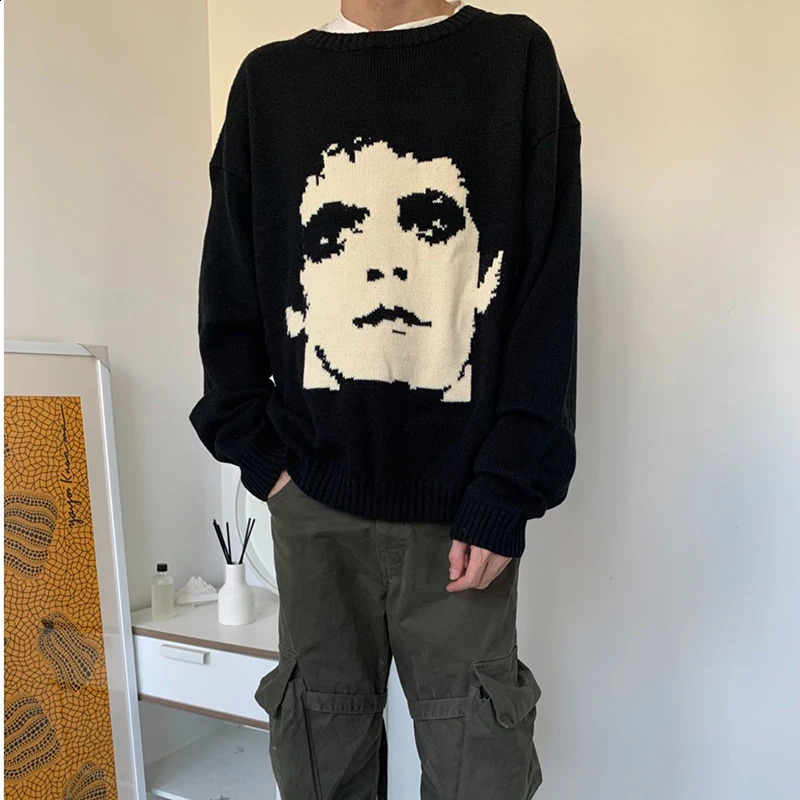 Gothic extinct portrait Print Pullover Hip Hop Streetwear Knitted Oversized Sweater Men Winter Harajuku Cotton sweater Unisex 240912