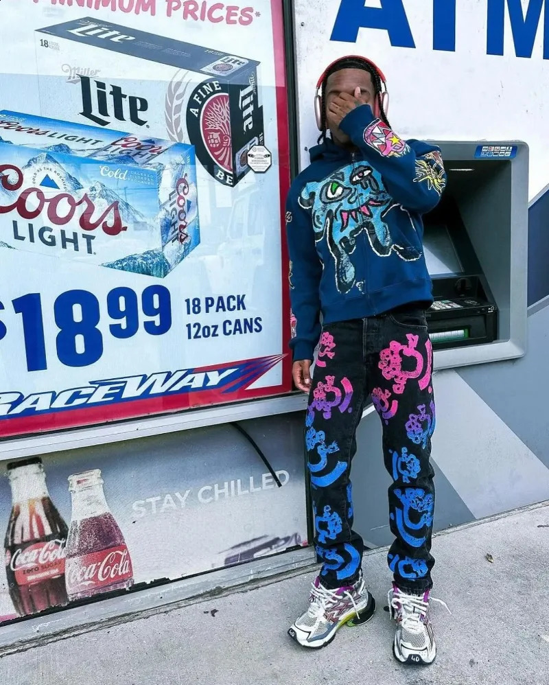 American Gothic trendy letter pattern printed oversized hoodie mens Y2K fashion Harajuku all-match loose zipper sweatshirt 240911