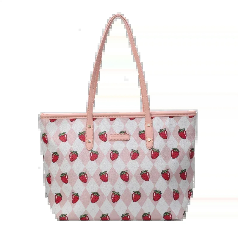 PU Large Capacity Tote Bags Zipper Strawberry Commuting Fresh Fashion Shoulder Bags for Women High Quality Tote 240907
