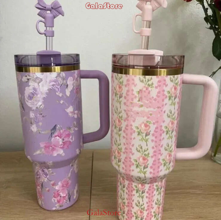 DHL 40 OZ Blue Magnolia Pink Rose Early Lilac Floral Cups 40oz H2.0 Stainless Steel Tumblers with handle Lid and Straw Purple Stars Travel Car Mugs Wa