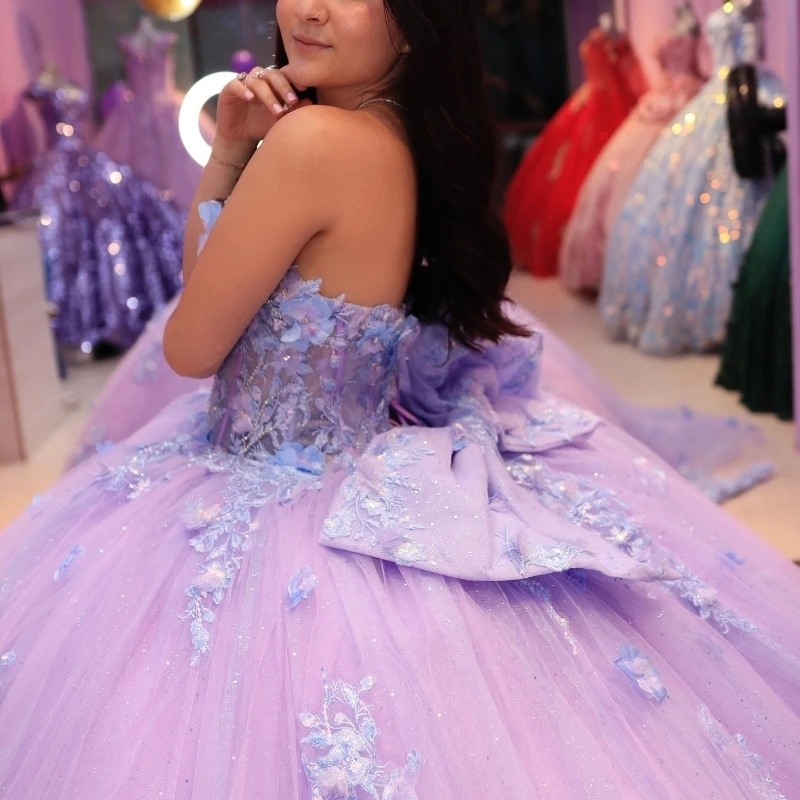Lilac Mexican Quinceanera Dressess Puff Sleeve Luxury Applique Lace Bow Tull vestido 15 quinceaneras Corset Lace Up Sweet 16 Dress