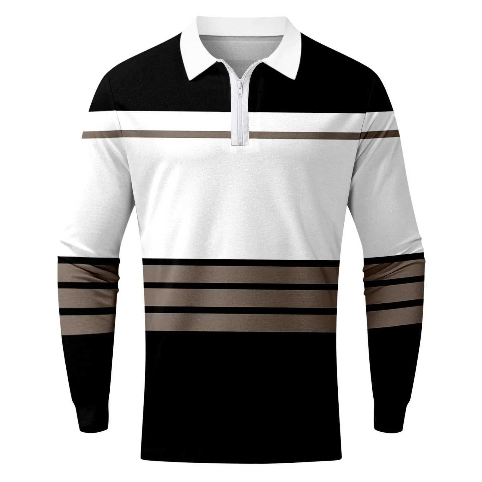 Mens Striped Polo Shirt Long Sleeve Zipper Turn Down Collar Slim Fitness T-Shirts Harajuku Business Office Work Tee Shirts TopsX240912