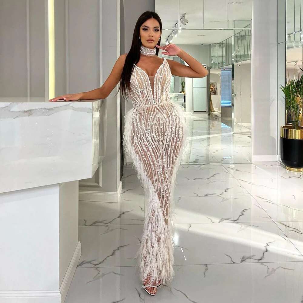 Hill Serene White Nude Mermaid Spaghetti Strap Beaded Feather Evening Dresses Prom Gowns For Woman Party