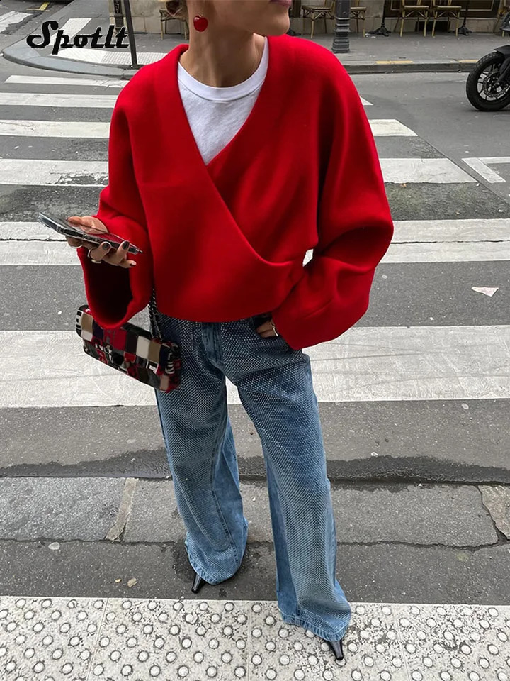 Women Red Fashion Loose Knitted Pullover Vintage Solid Deep Vneck Long Sleeve Casual Sweater Autumn Female Commute Knitwear 240904