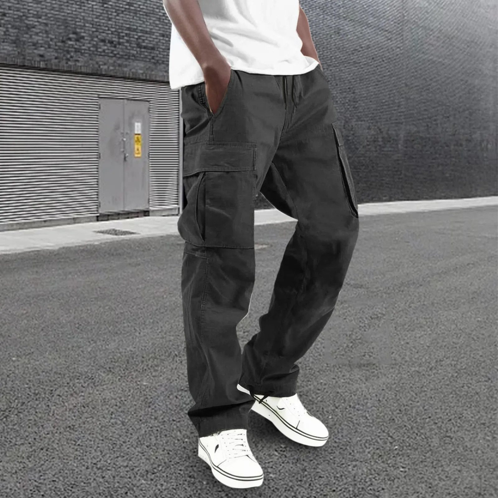 All Seasons Streetwear Mens Trousers Fashion Multi Pocket Cargo Pants Baggy Pants Solid Colour Casual Drawstring Trousers 240911
