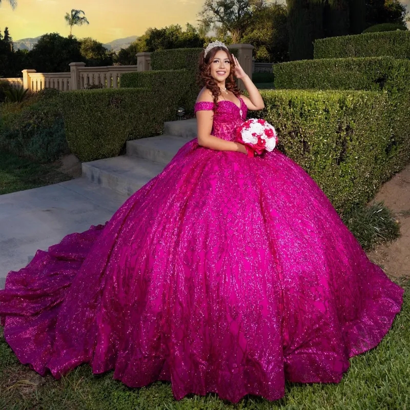 Rose Glitter Red Quinceanera Dresses Ball Gown Off The Shoulder Sequin Lace Applique Beaded Bow Tull Mexican Sweet Dress Vestidos De Anos