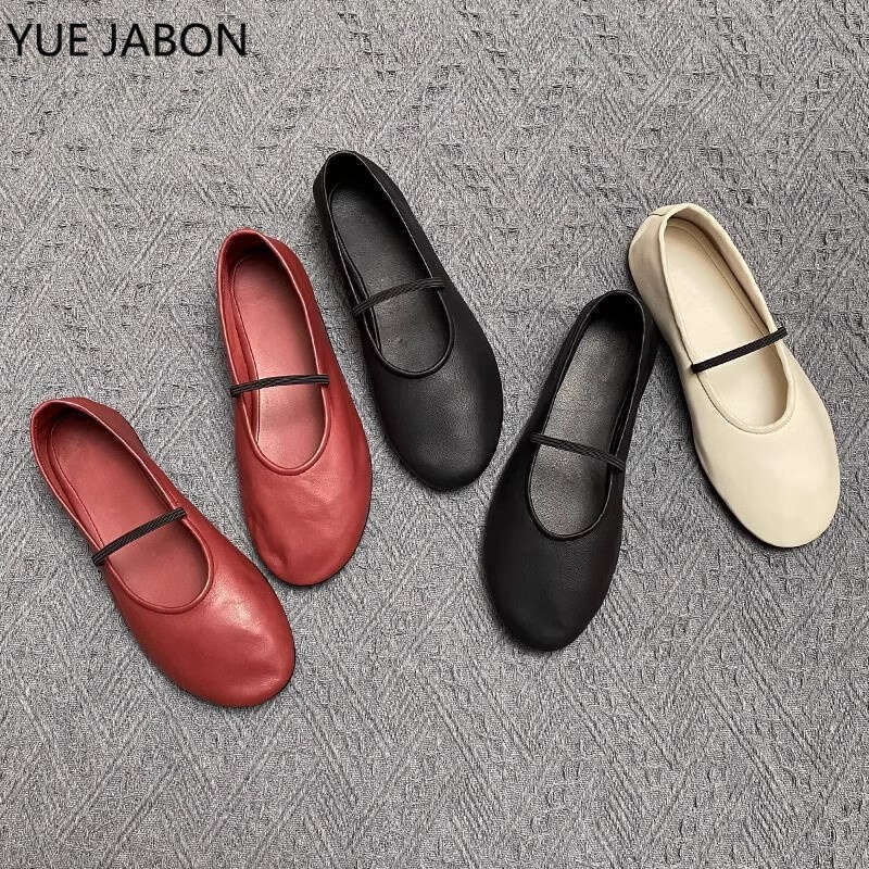 New Stylish Red Shallow Mouth Ballet Shoes Flat Black White Soft Leather Round Toe Slip On Simple Style Ballerina Cute Mules