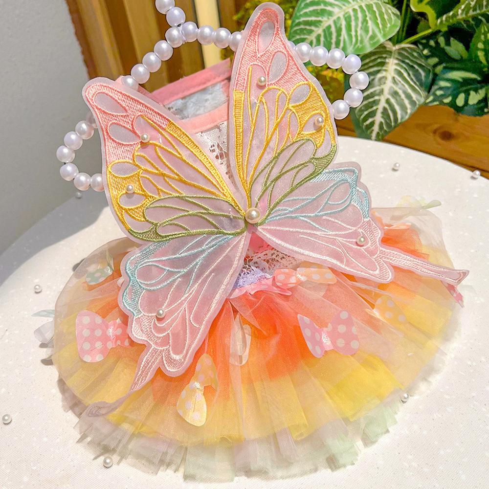 Summer Cat Butterfly Princess Dress Clothes Mesh Lace Pearl Puppy Wedding Skirt For York Chihuahua Poodle Small Dog Dresses H260130