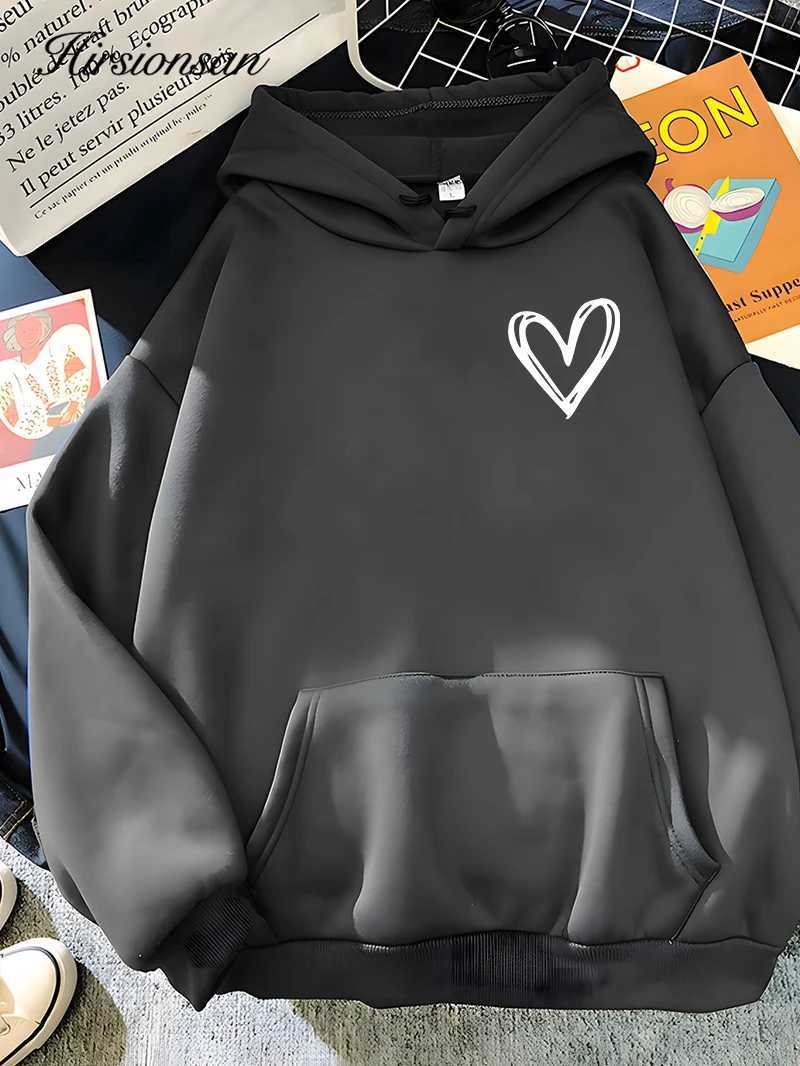 Hirsionsan Simplic Heart Print Women Sweatshirt Soft Casual Loose Vintage Female Hoodies 2023 Winter Warm Fleece Student TopsX241016