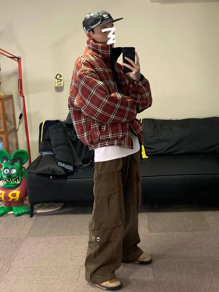 Reversible Parkas mens retro colored checkered thick jacket stand up collar warm loose jacket winter couple top 240909