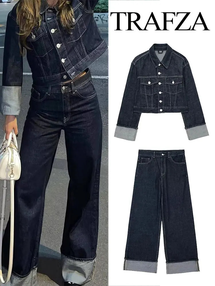 TRAFZA Womens Suit Retro Splicing Singlebreasted Pocket Denim JacketHighwaisted Zippered Wideleg Pants 2piece Set 240910