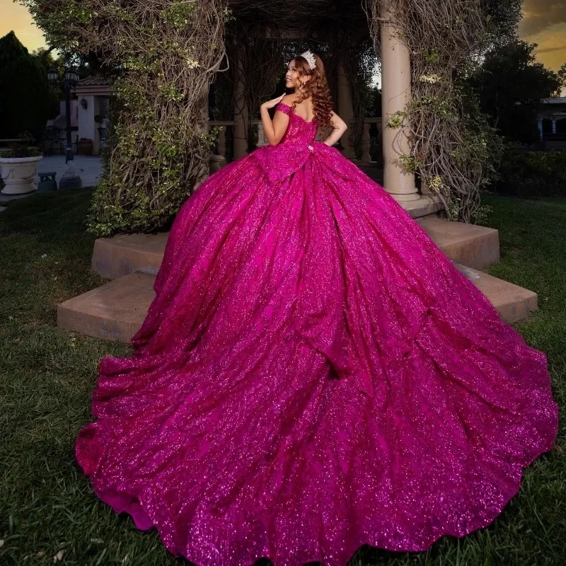 Rose Glitter Red Quinceanera Dresses Ball Gown Off The Shoulder Sequin Lace Applique Beaded Bow Tull Mexican Sweet Dress Vestidos De Anos