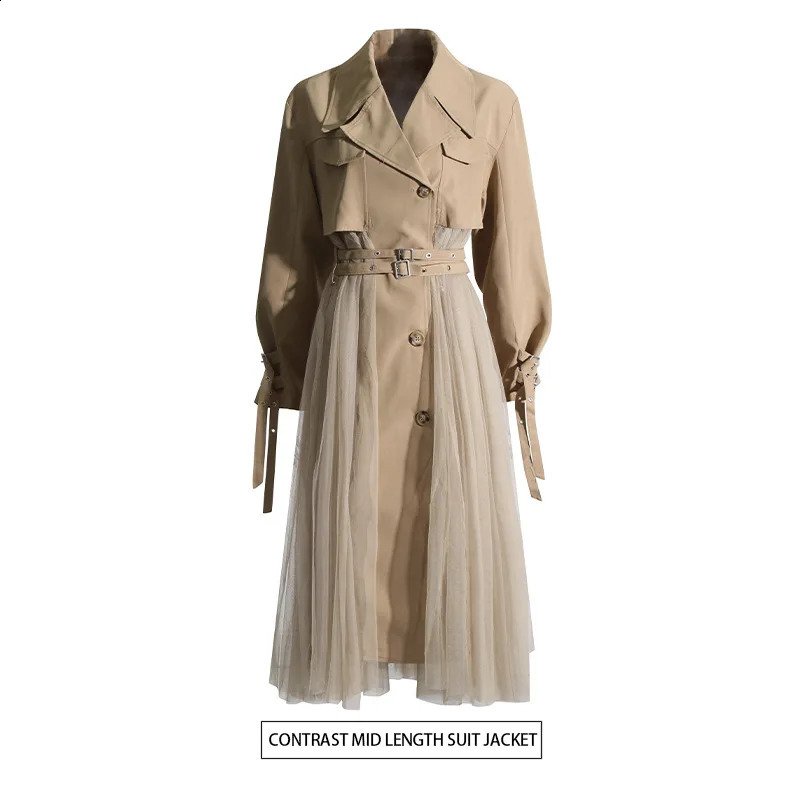 SuperAen Autumn Trench Coat Womens Loose Mesh Splicing Casual Fashion High Waist Long Coat 240911