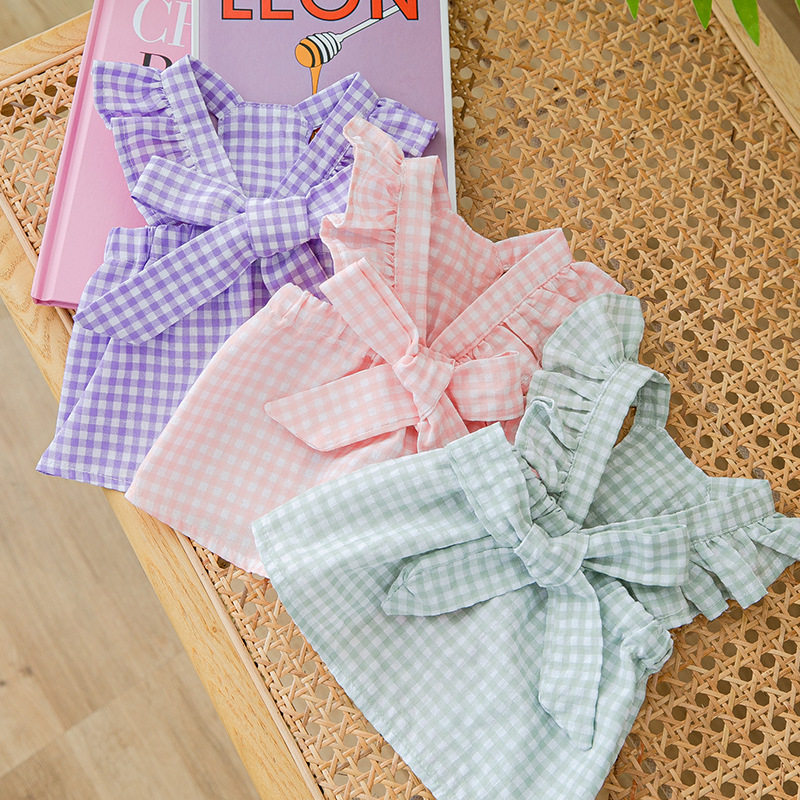 Summer Clothes Puppy Plaid Suspender Skirt Dress Pet Costume Chihuahua Bichon Yorkie Clothing Pink Dog Bow Vest Free shipping