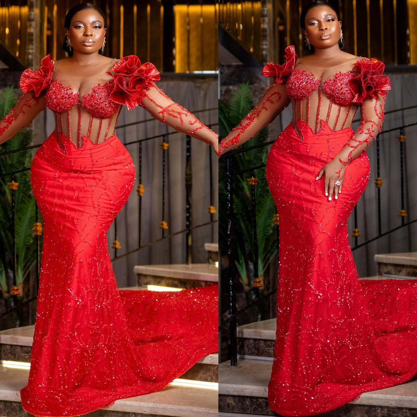 2025 Red Sequined Mermaid Prom Dress with Pearls and Lace for Special Ocns
