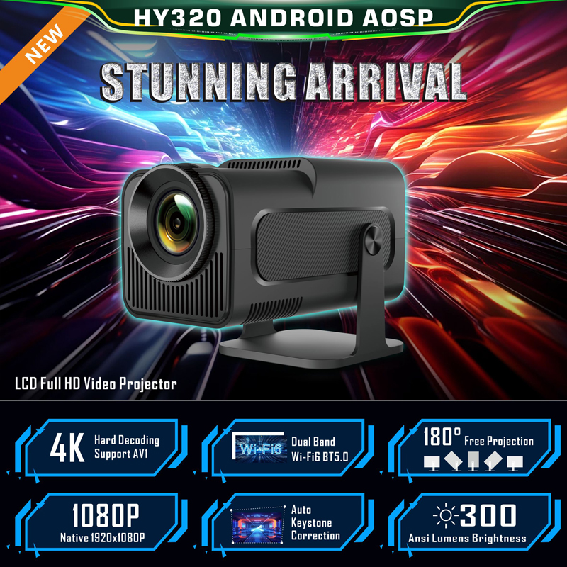 Top Quality HY320 Projector Android 11 HD 1080P Pixel Display Dual Wifi6 BT5.0 Home Cinema 180° Free Projection Outdoor Indoor Portable Smart LCD Proj