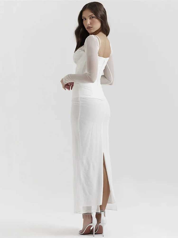 Elegant Sheer Long Sleeve Sexy Maxi Dress For Women Fashion Mesh Strapless Backless Club Party Sexy Long Dress New