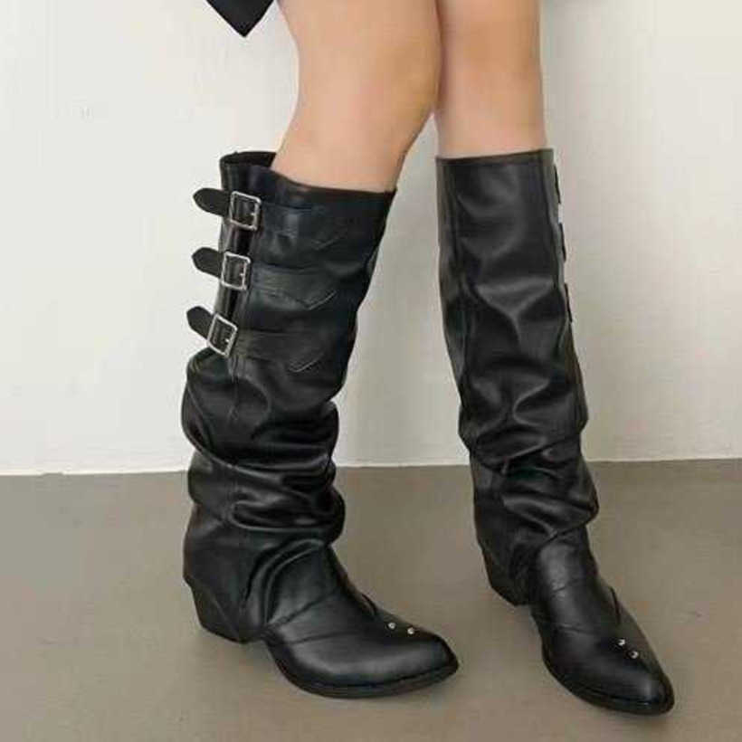 Western Cowboy Martin Boots For Women With Belt Buckles Pleated Pile Fashion Boots High Pointed Knight Boots Slim And Long Boots 240826