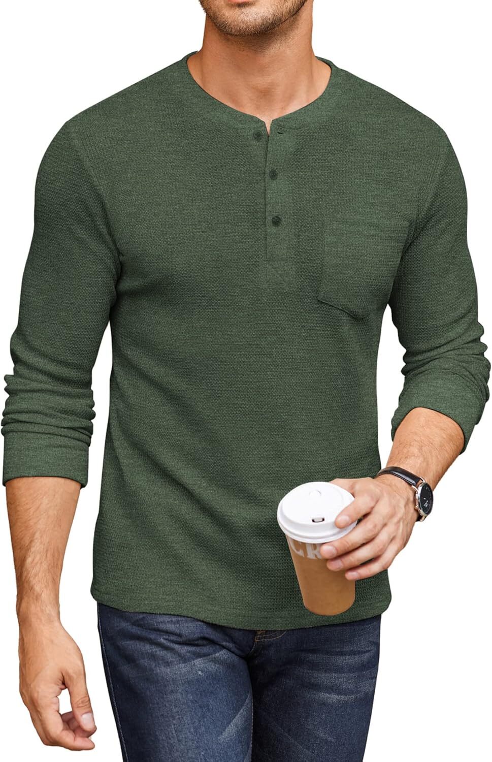 Men Sweaters Mens Henry shirt long sleeved basic waffle weave fabric pullover T-shirt with pocket Mens crew neck sweater
