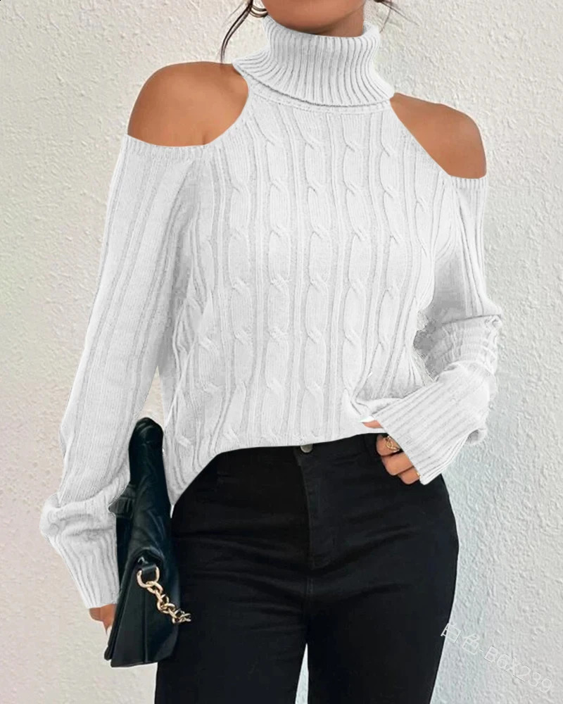 Womens Turtleneck Off Shoulder Sweater Sexy Cold Shoulder Top 2024 Autumn Winter Long Sleeve Soft Cable Knitted Pullovers 240911
