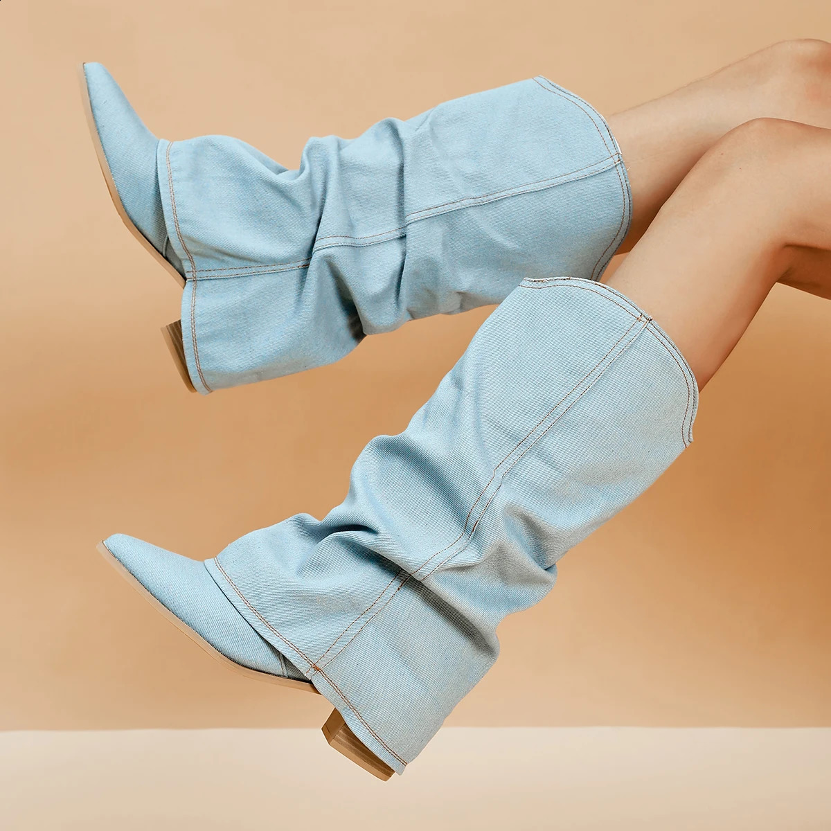 Pleated Block Heels Denim Boots for Women Autumn Pointed Toe Women High Knee Boots Plus Size Fashion Cowboy Woman Boots 240911