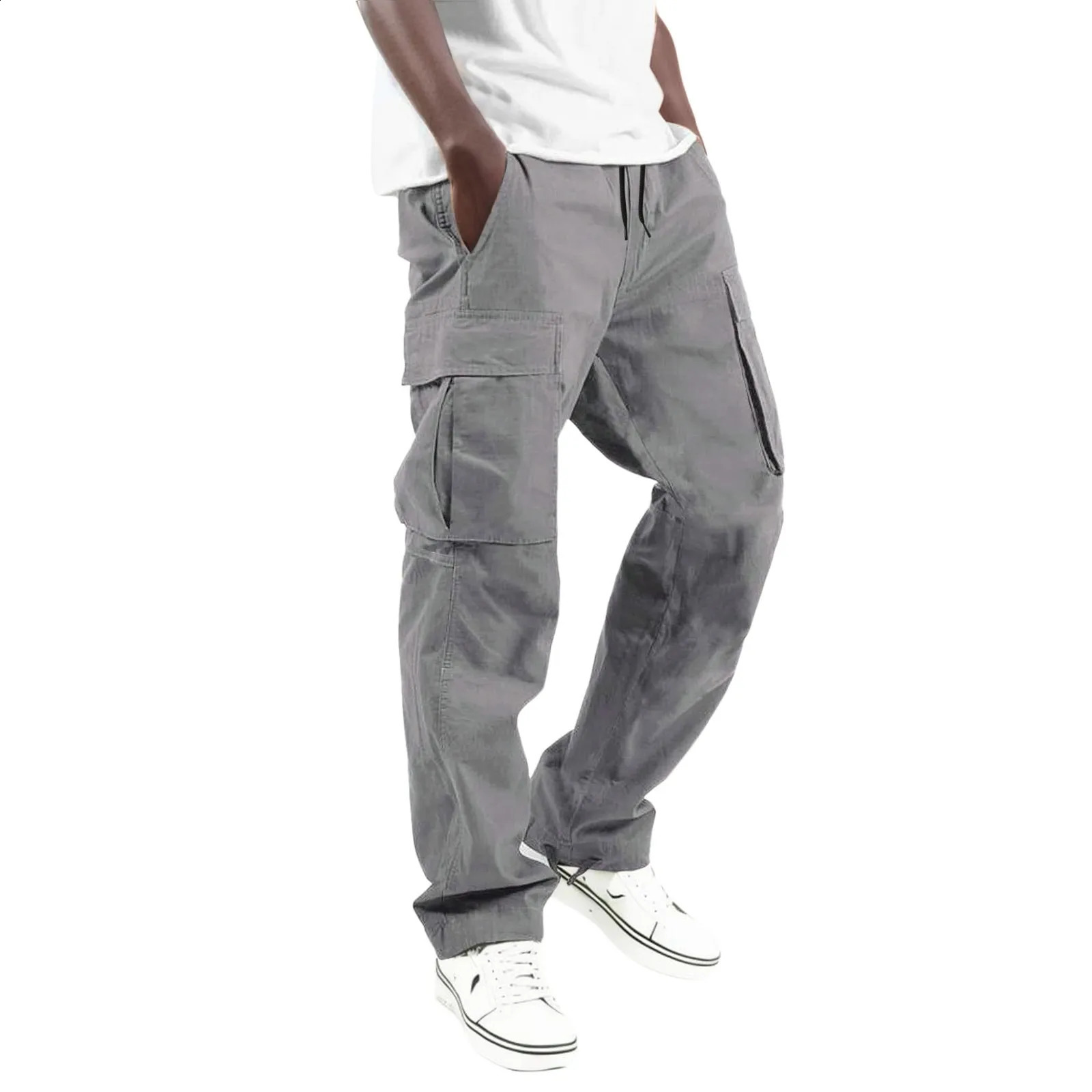 All Seasons Streetwear Mens Trousers Fashion Multi Pocket Cargo Pants Baggy Pants Solid Colour Casual Drawstring Trousers 240911
