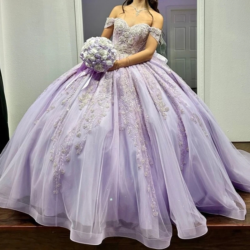 Lilac Mexican Quinceanera Dressess Off The Shoulder Luxury Beads Crystal Bow Tull vestido 15 De Corset Lace Up Sweet 16 Dress