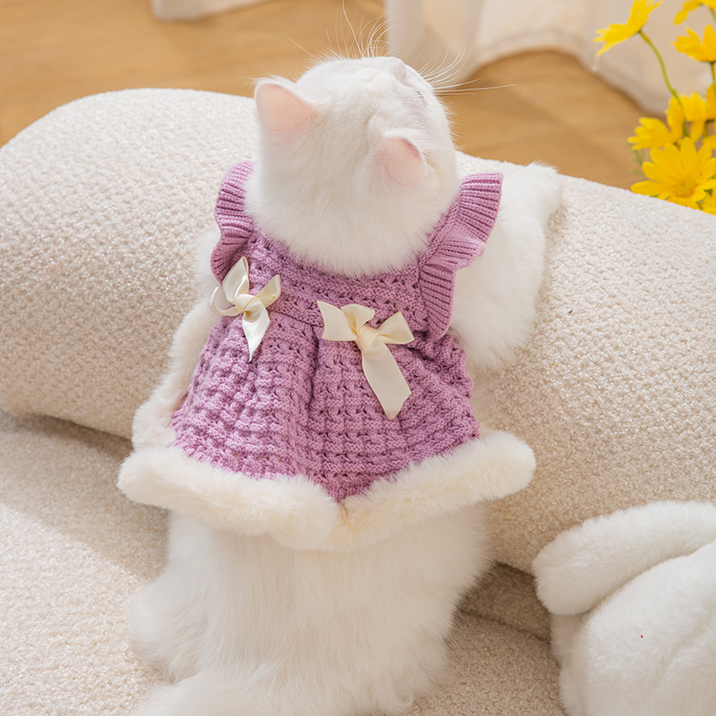 Elegant style bow cat clothing raw edge hollow sweater autumn puppy dress warm pet clothes
