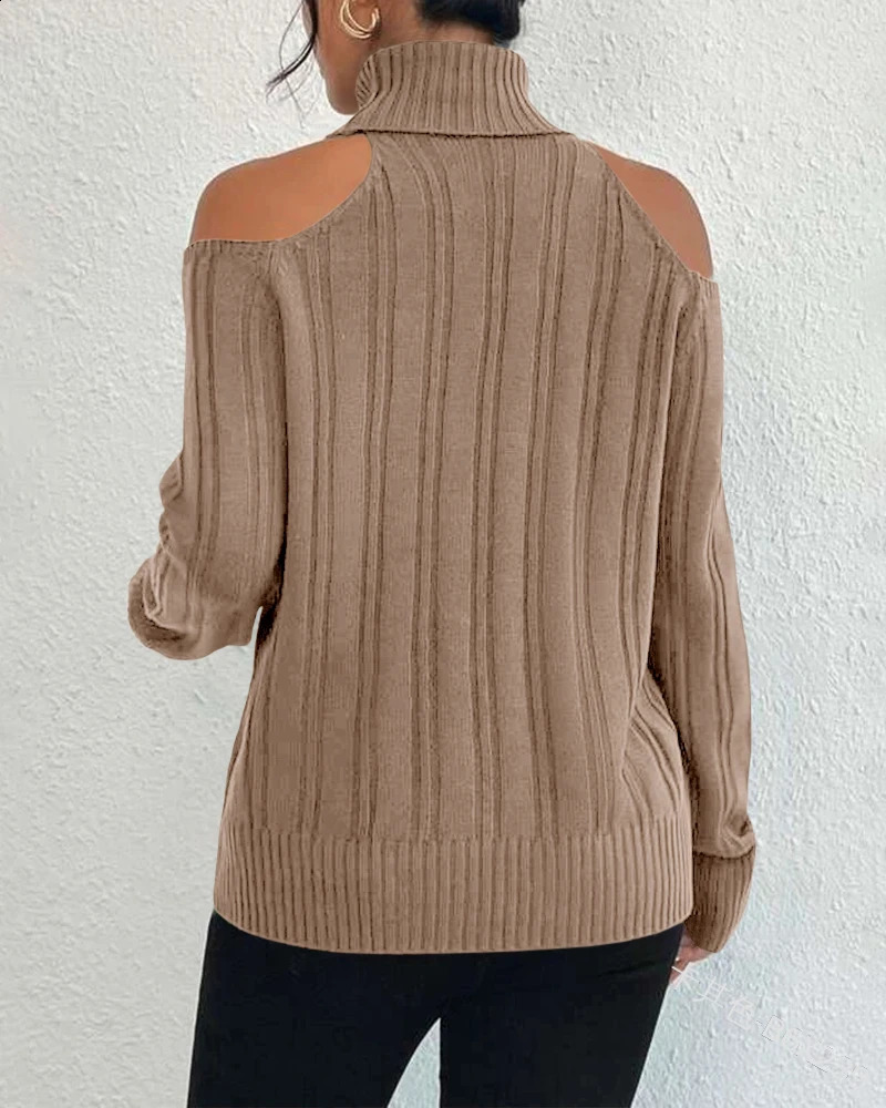 Womens Turtleneck Off Shoulder Sweater Sexy Cold Shoulder Top 2024 Autumn Winter Long Sleeve Soft Cable Knitted Pullovers 240911