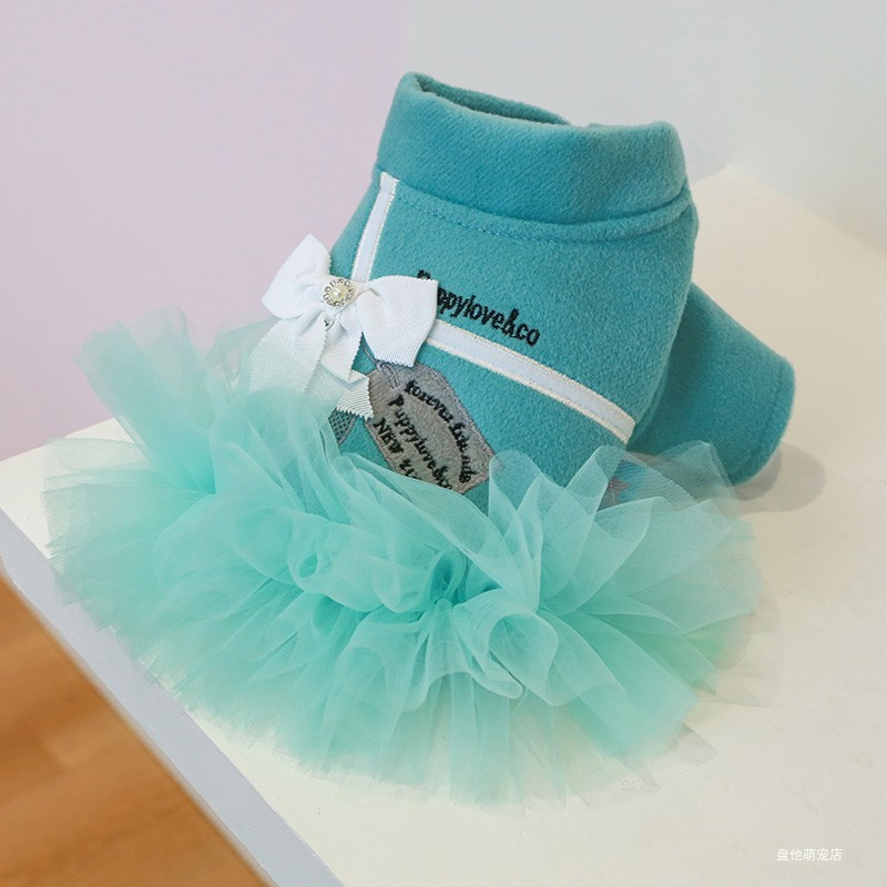 1PC Pet clothing Autumn Winter Thick Lake Blue ribbon white bow Princess dress suitable for small and medium-sized dogs