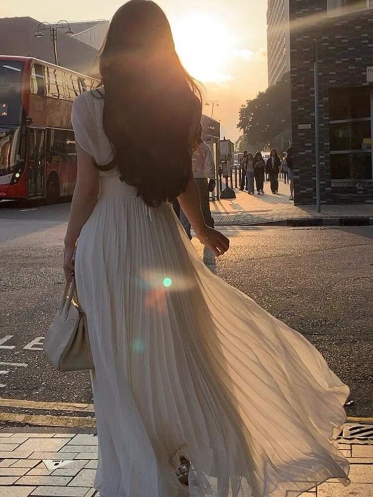 Womens Summer Pleated Long Dress - Elegant V-Neck High Waist Perfect for Weddings Parties