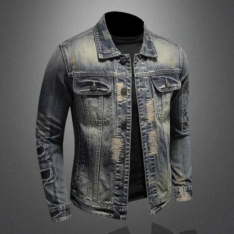 New mens denim jacket retro trend loose casual street denim jacket high street fashion hole ultra-thin lapel denim jacket W241011