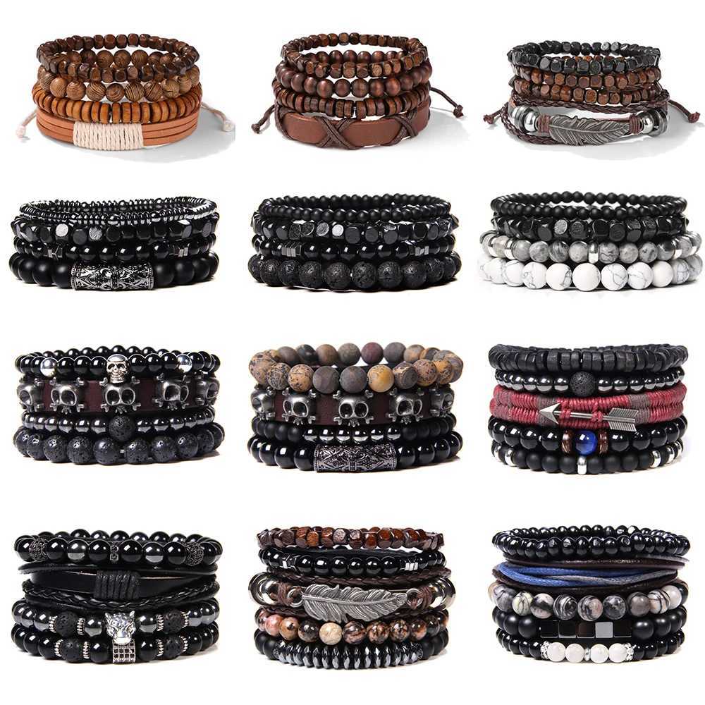 Men Multilayer Wooden Bead Bracelet Handmade Vintage Brown Leather Rope Bracelet 2024 New Ethnic Wristbands Bangle Jewelry GiftX240912