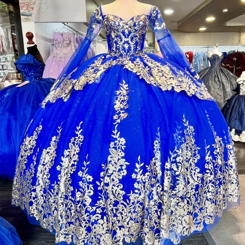Royal Blue Quinceanera Dresses Ball Gown Long Sleeves Gold Sequin Lace Applique Beading Tull Sweet 16 Dress Vestidos De XV 15 Anos