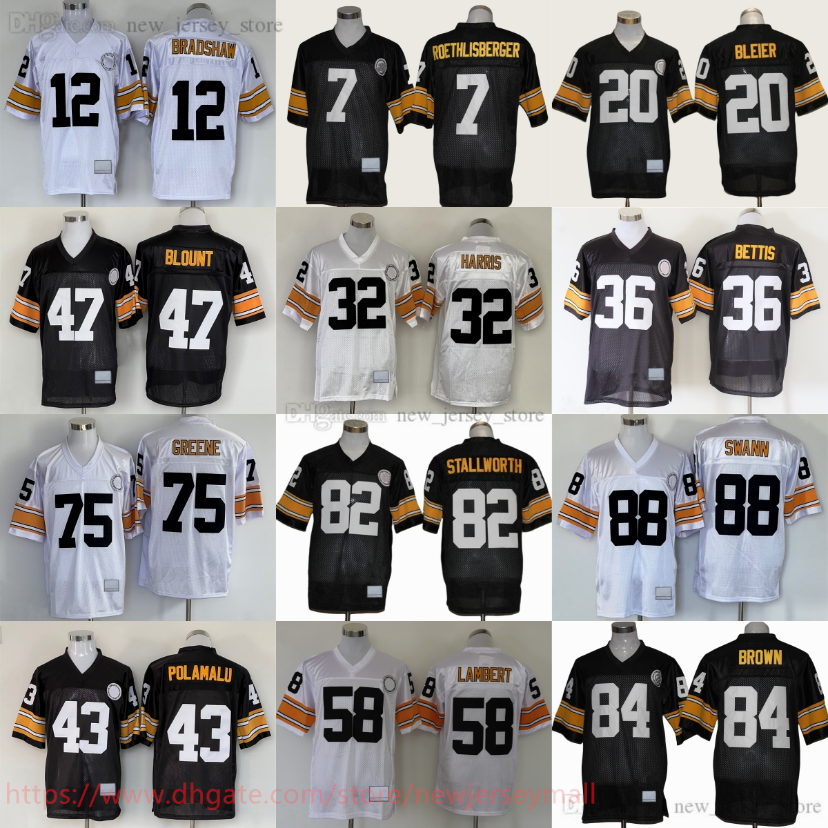 College 1975 Throwback Football 32 Franco Harris Jerseys Retro Classic 43 Troy Polamalu 36 Jerome Bettis Mel Blount Jack Lambert Joe Greene Antonio Brown Lynn Swann