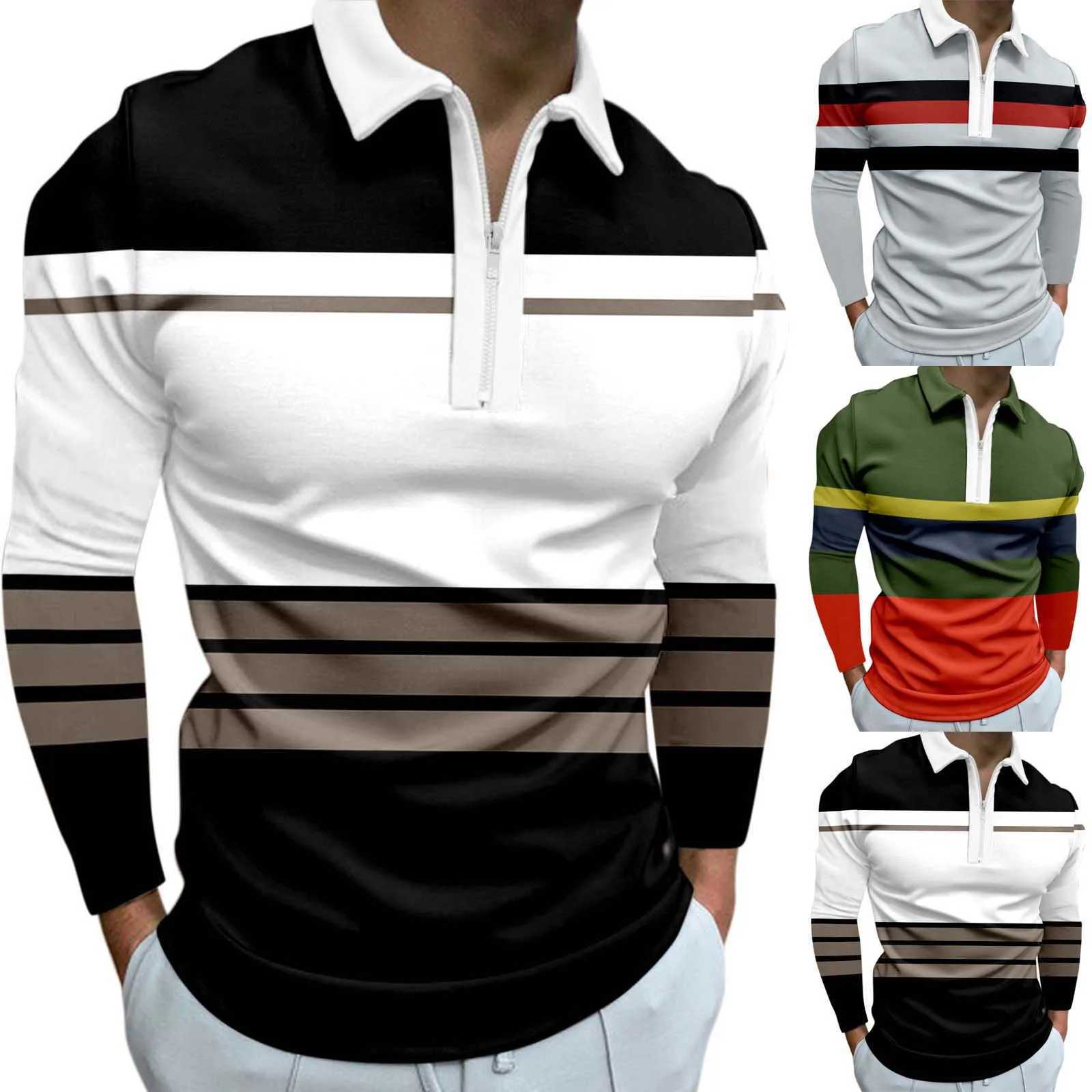 Mens Striped Polo Shirt Long Sleeve Zipper Turn Down Collar Slim Fitness T-Shirts Harajuku Business Office Work Tee Shirts TopsX240912