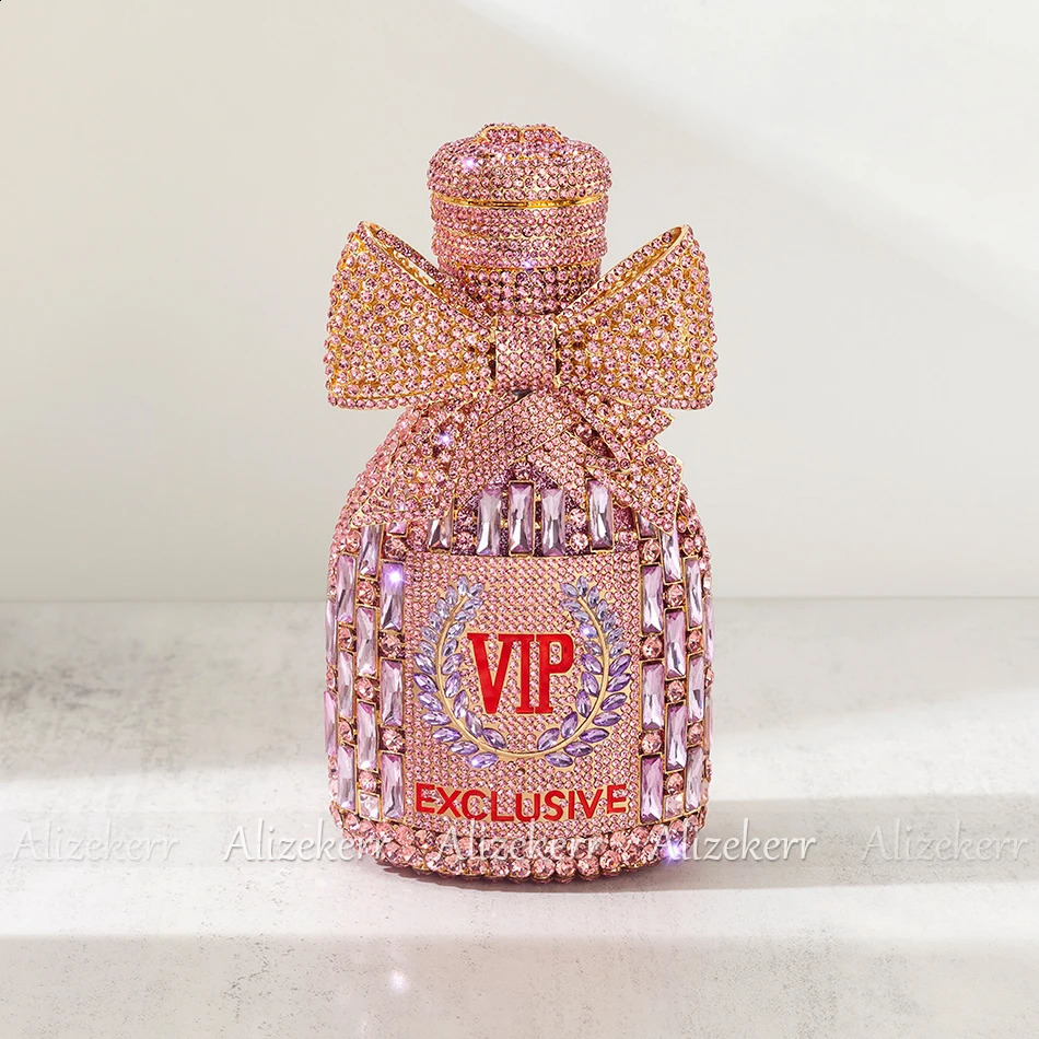 Alizekerr Champagne Bottle Bow Crystal Evening Package Womens Gorgeous Unique Sparkling Diamond Metal Clutch Wallet Wedding Party 240910