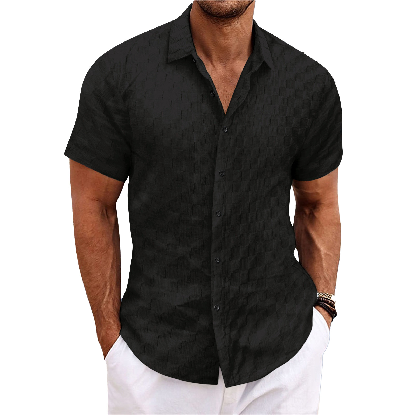 new mens plaid jacquard casual loose short sleeved shirt Designer Pant Hip hop High Street Motorcycle blouse Fashion Trend Unique shirts plus size l,x
